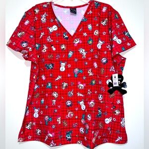 Tokidoki By Koi Leslie Holiday Women's Size XL 2-Pocket V-Neck Scrub Top Shirt